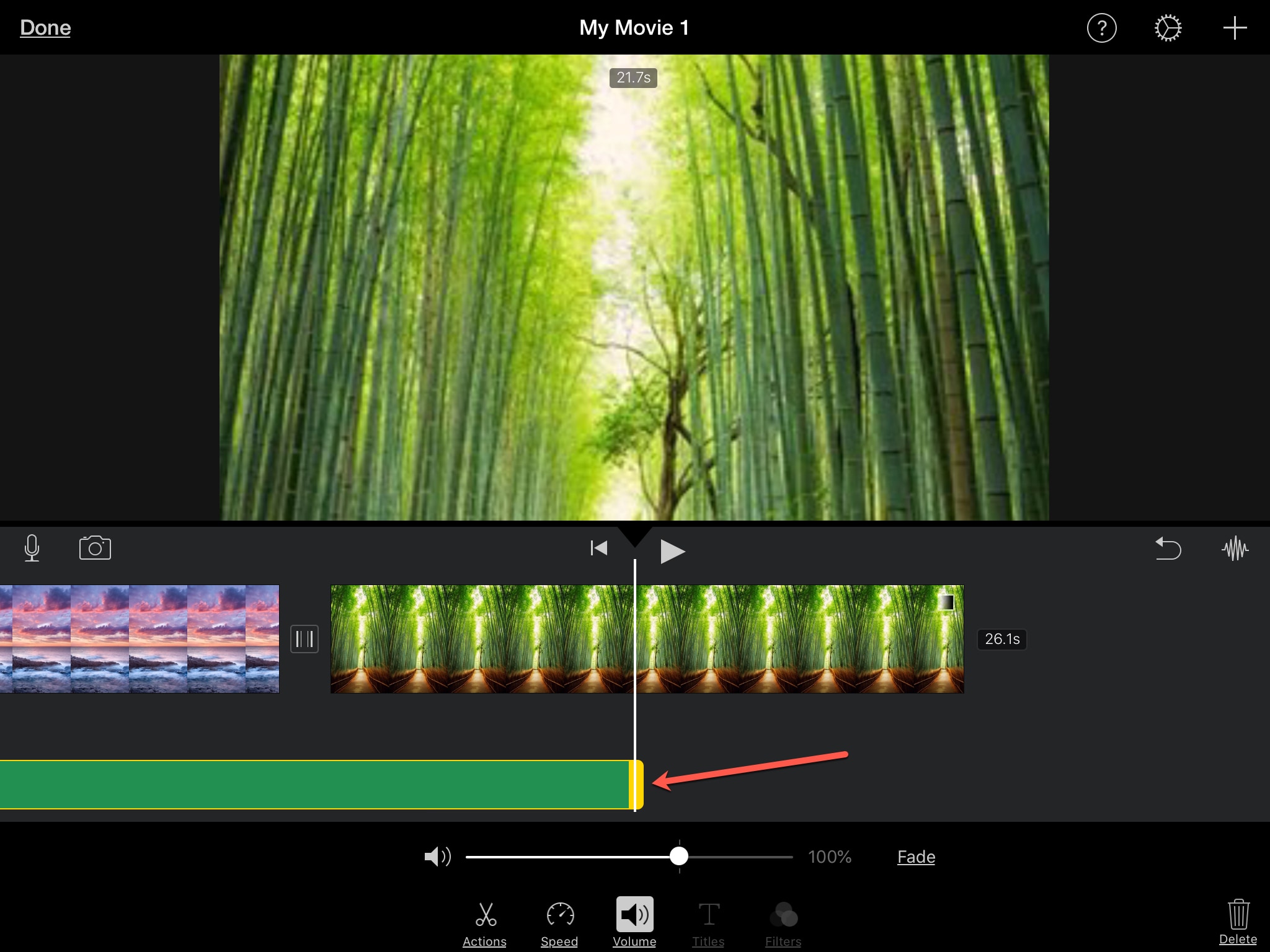 add fade on song in imovie for iphone